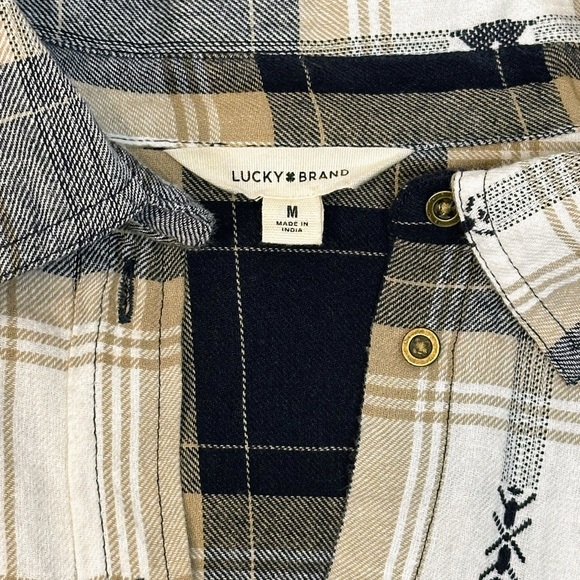 Women’s Button-Down Navy and Cream Plaid Shirt with Stud Shoulders Accents - Picture 8 of 15